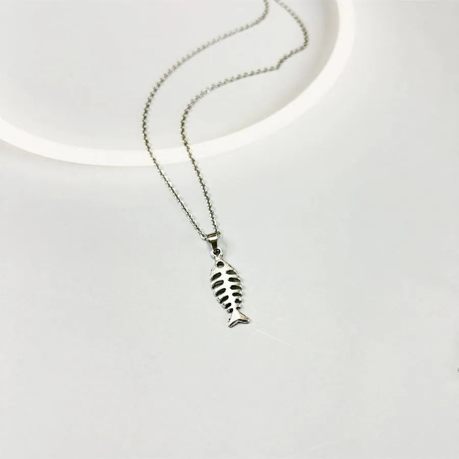 Retro fishbone pendant necklace with matching earrings set on adjustable O-shaped chain