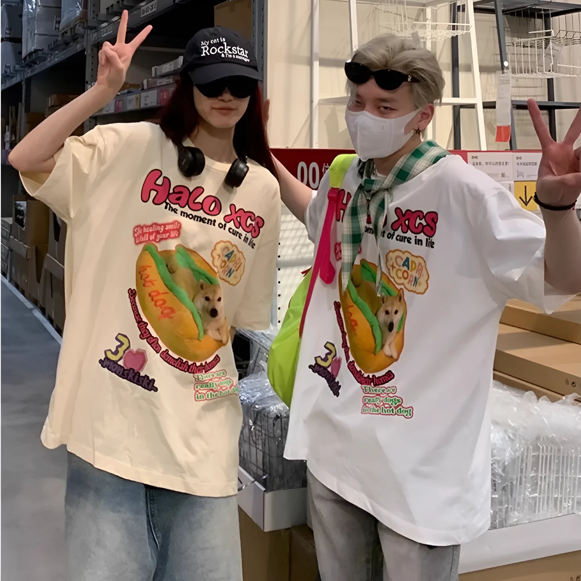 Cartoon hamburger dog printed short-sleeved cotton t-shirt in loose fit, shown in apricot colour.
