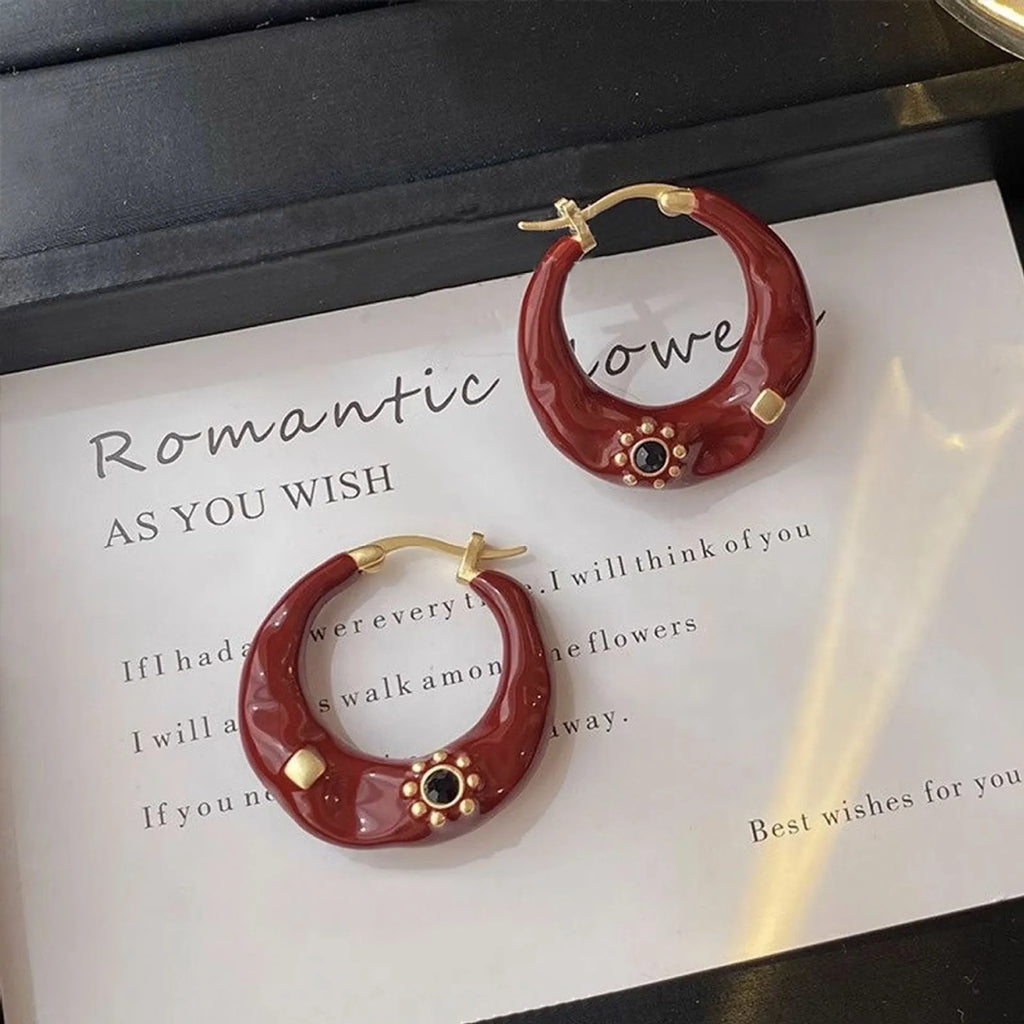 Hong Kong style retro rhinestone stud earrings in black and red with oil dripping finish