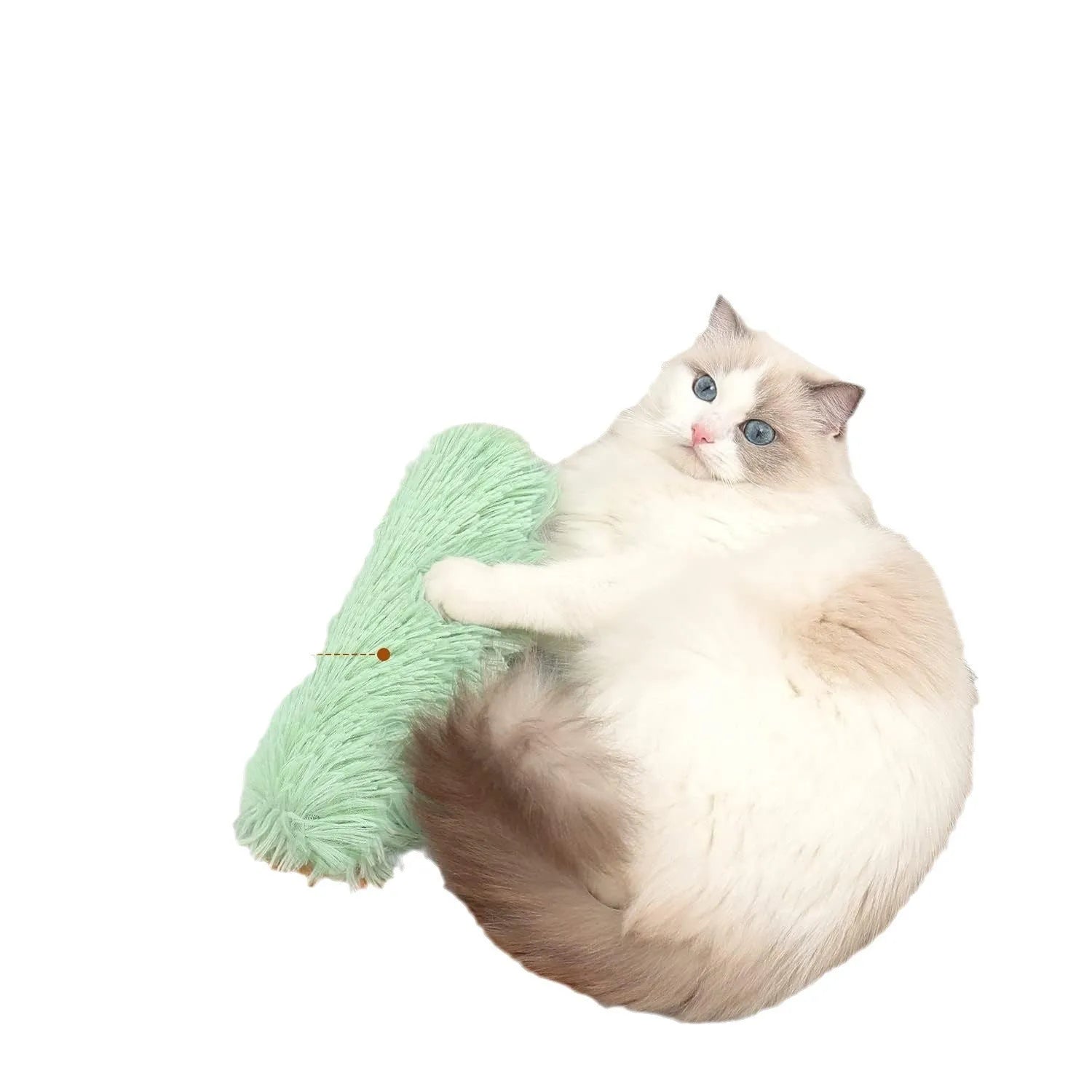 Soft plush cat toy pillow in blue, green, pink, and white colours, shown next to a measuring tape indicating 27cm length.