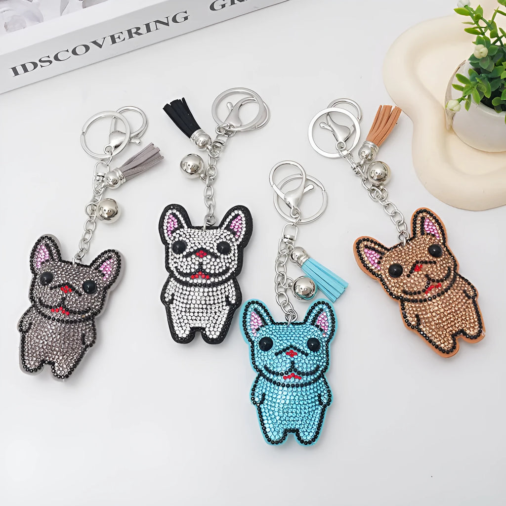 French dog rhinestone keychain with cartoon bear pendant in caramel colour.