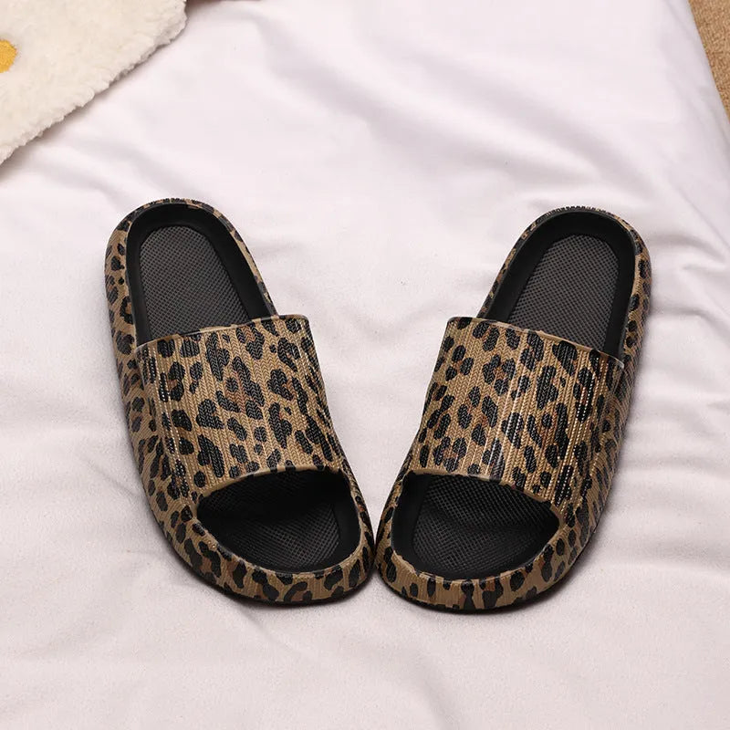 EVA material leopard print slippers with thick bottom design shown in multiple colour options