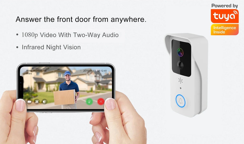 Smart home waterproof HD visual doorbell with intercom on a white or black doodle board mount.