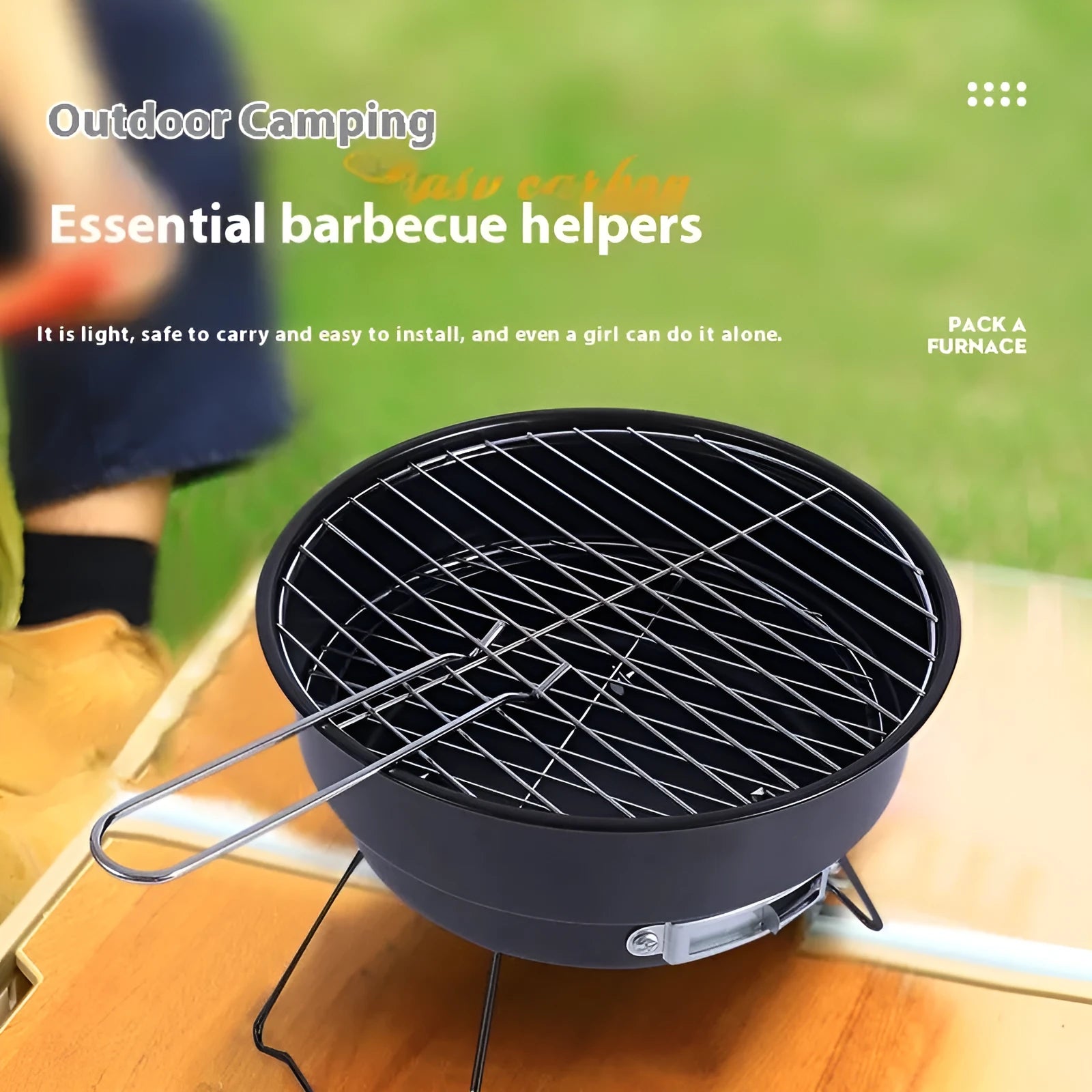 Small folding round ice stove with grill mesh, barbecue grill, furnace leg and carbon clip for outdoor cooking