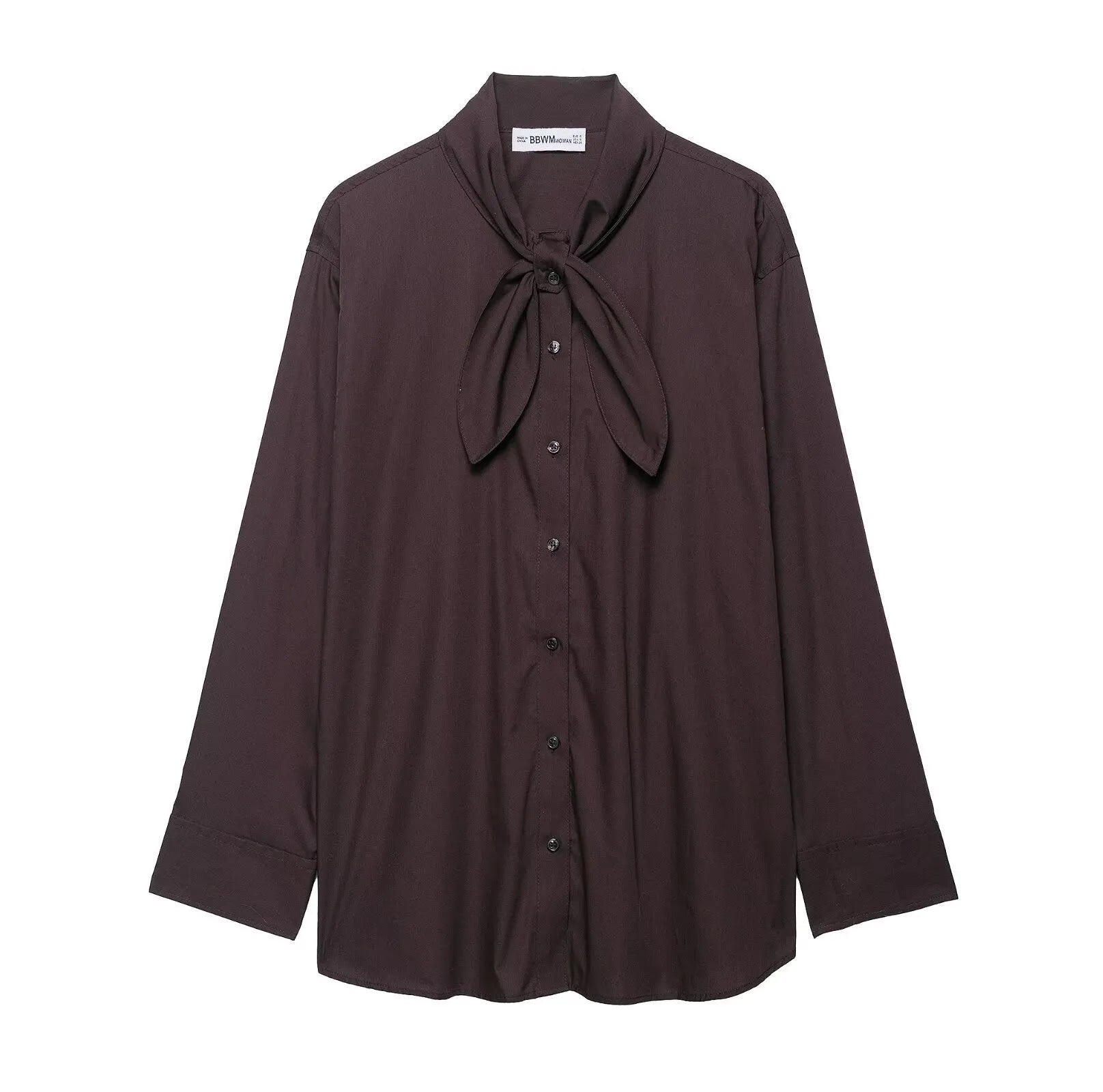 Brown women's poplin shirt with long sleeves, a loose fit, and a bow tie front closure.