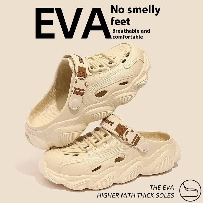 Men's khaki outdoor slippers with hollow out design and light EVA sole on a wooden deck.