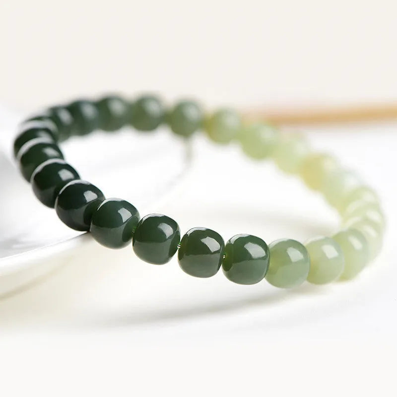 Natural Hetian jade gradient water bracelet with polished beads in water colour aesthetic