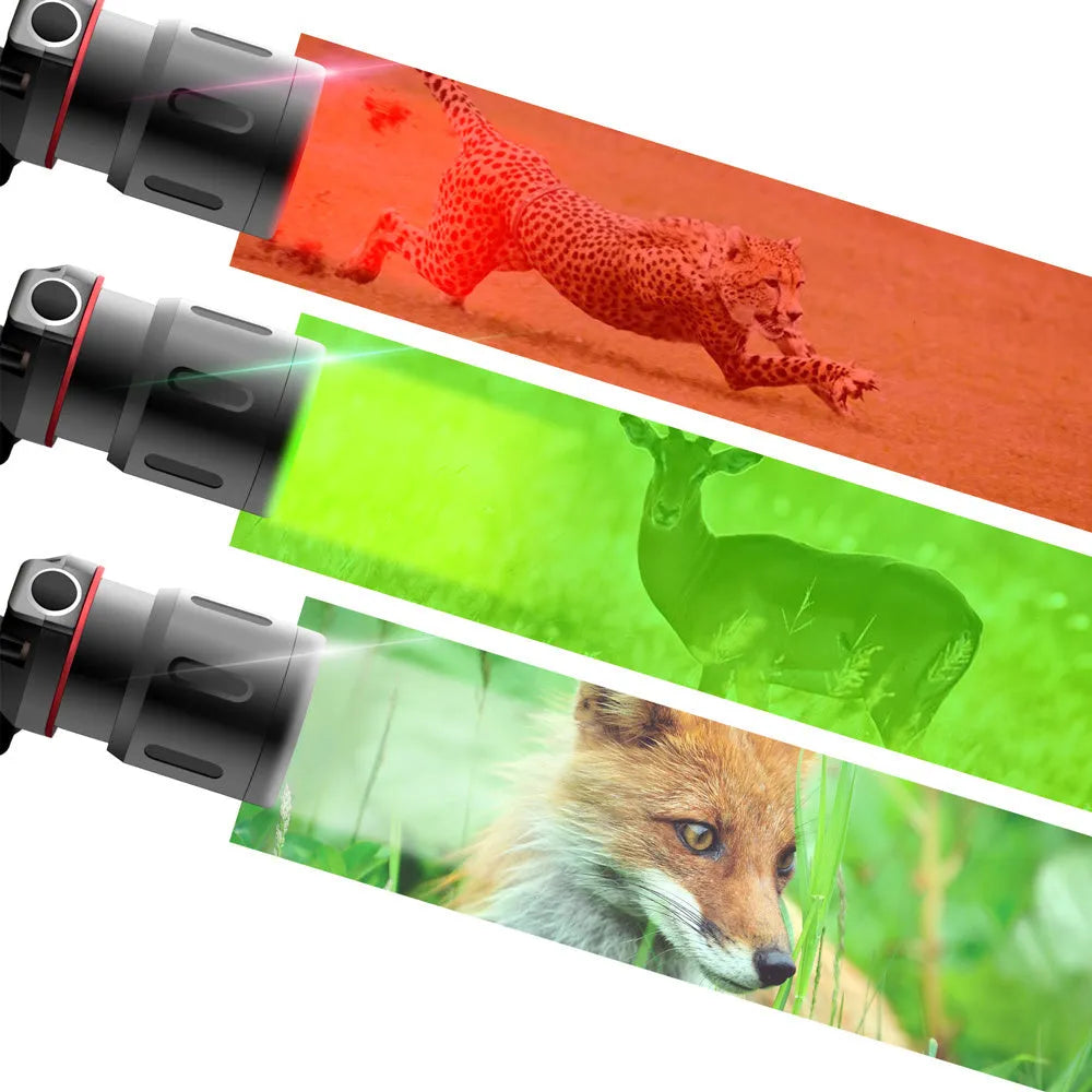 T6 LED zoom headlamp showing white, green, and red light colours on adjustable headband