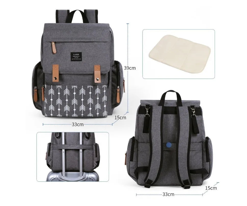 Land Mommy large grey oxford cloth diaper backpack with a changing mat