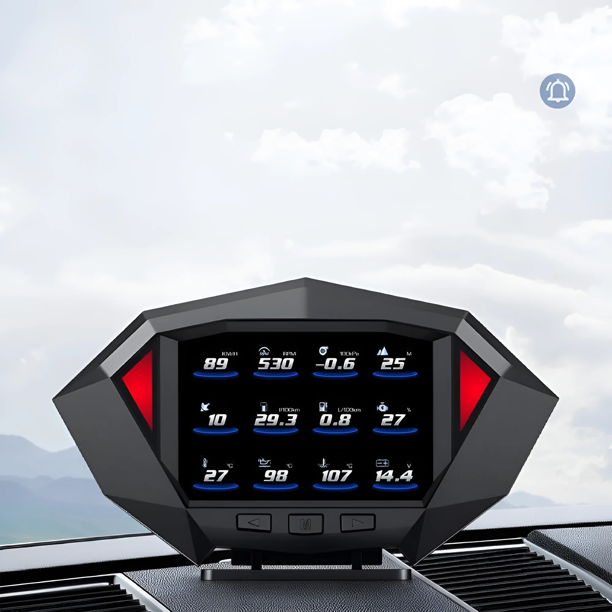 Black car HUD head-up display unit with LCD screen showing digital speed readout