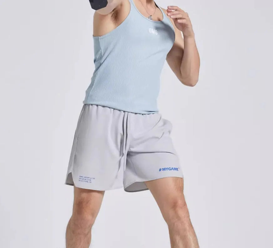 Men's fitness training shorts in a polyester and spandex blend, shown in one of four available colours.