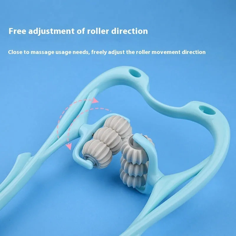 Blue plastic handheld massager with six wheels for neck, shoulder, and waist tension relief.