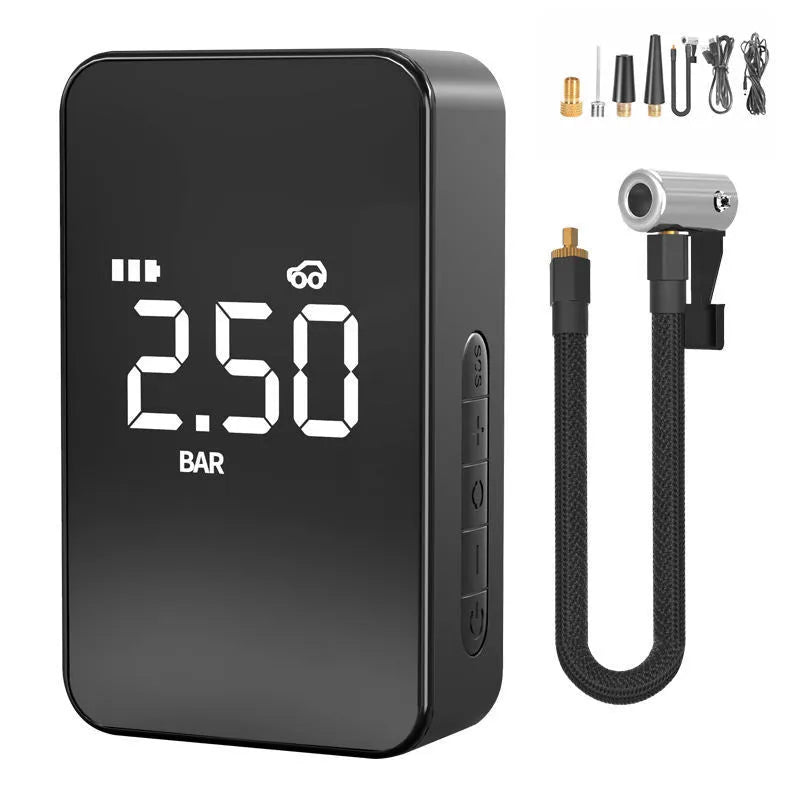 Wireless digital display car tyre inflator pump with hose and nozzles on a grey background.