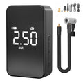 Wireless digital display car tyre inflator pump with hose and nozzles on a grey background.