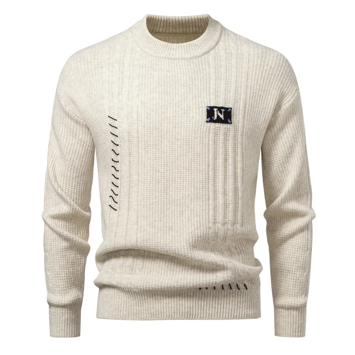 Simple men's solid color pullover sweater in beige with ribbed hem, loose fit, Modal and rabbit hair blend