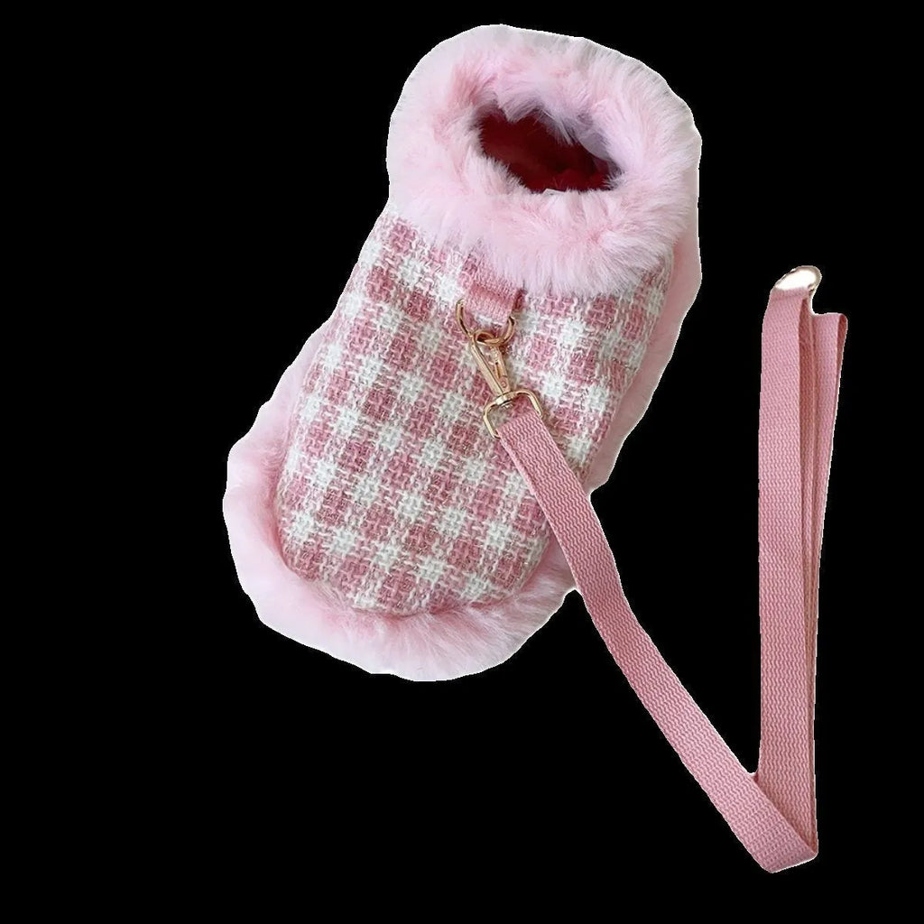 Pink polyester cat costume set with beret, cloak featuring hand holding rope, and drawstring