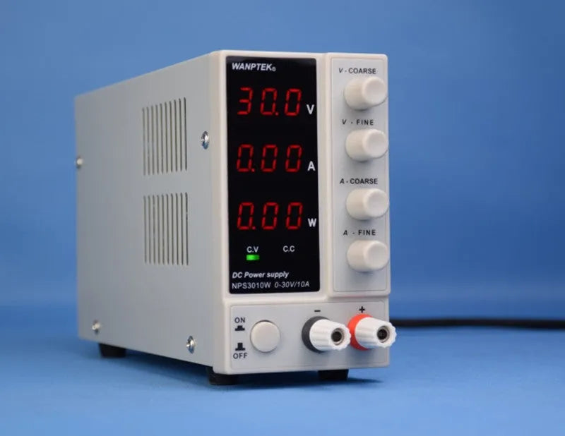 White adjustable DC bench power supply for mobile phone and notebook repair with voltage and current controls.