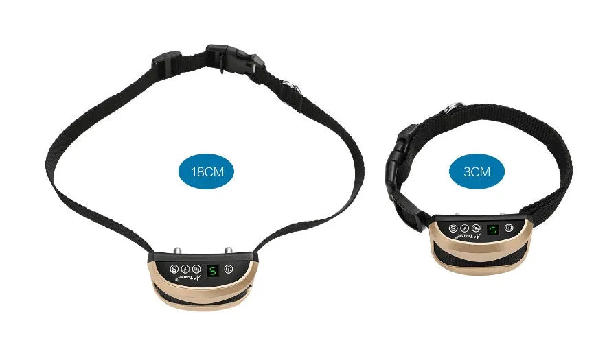 Digital anti-bark dog training collar with adjustable reflective strap and control unit display.