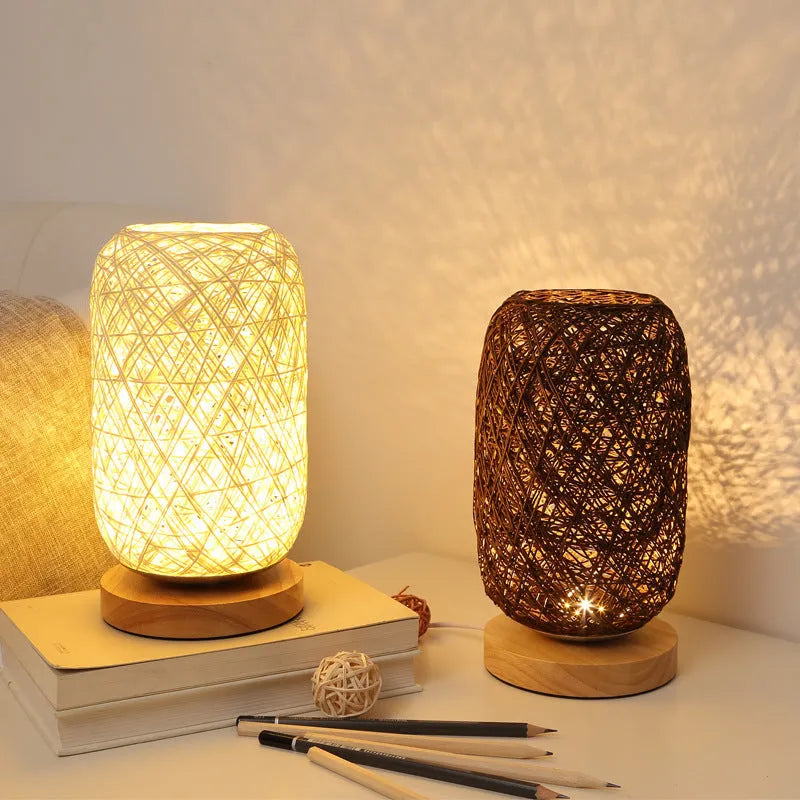 Sepak Takraw desk lamp made from hemp rope with solid wood base and LED light