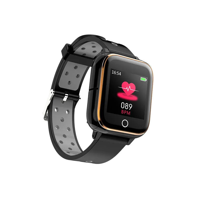 Black smart watch with integrated Bluetooth earphones showing 1.4 inch display with fitness metrics