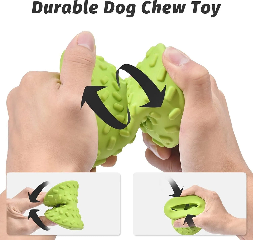 Natural rubber treat dispensing bone dog toy in blue colour with hollow centre and food leakage holes