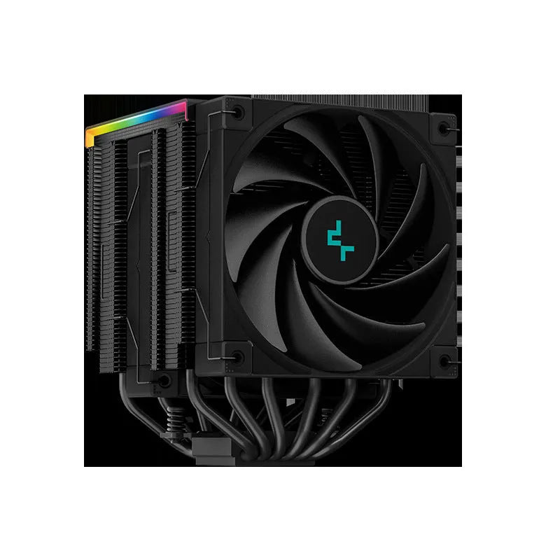 Black twin tower CPU air cooler heatsink with digital display and copper aluminium construction