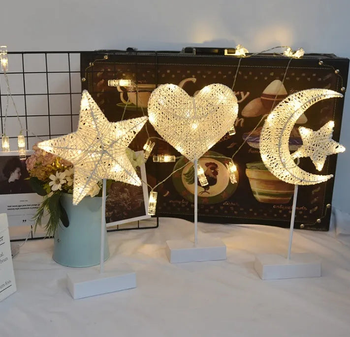 Rattan ball LED string lights with star, heart, and moon shaped lamps for bedroom decoration