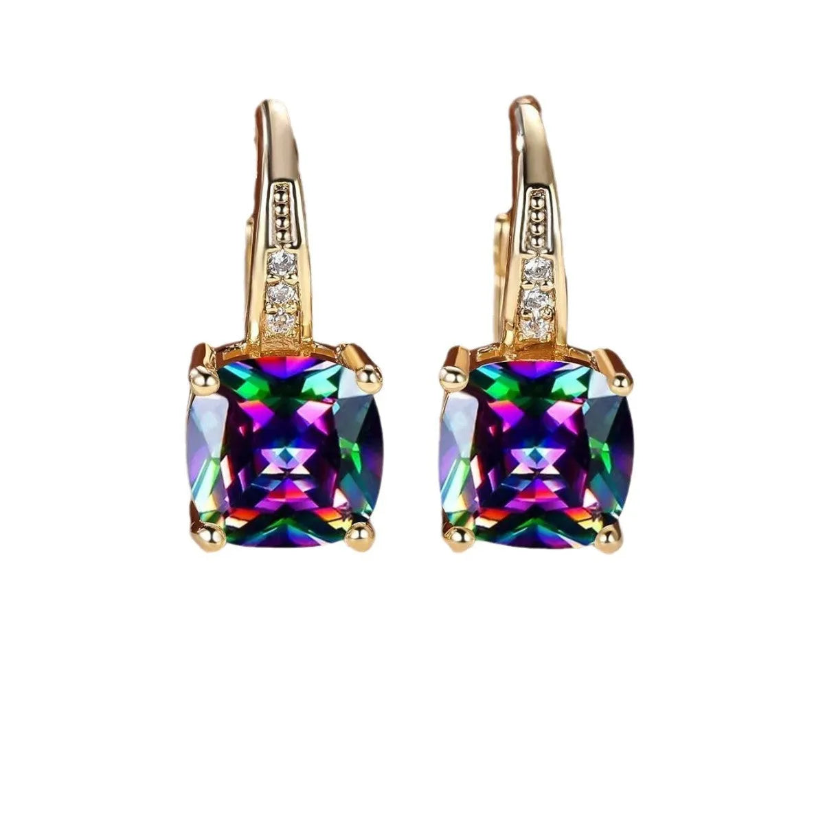 Square geometric ear clips with colourful moissanite stone inlays and gold electroplated finish