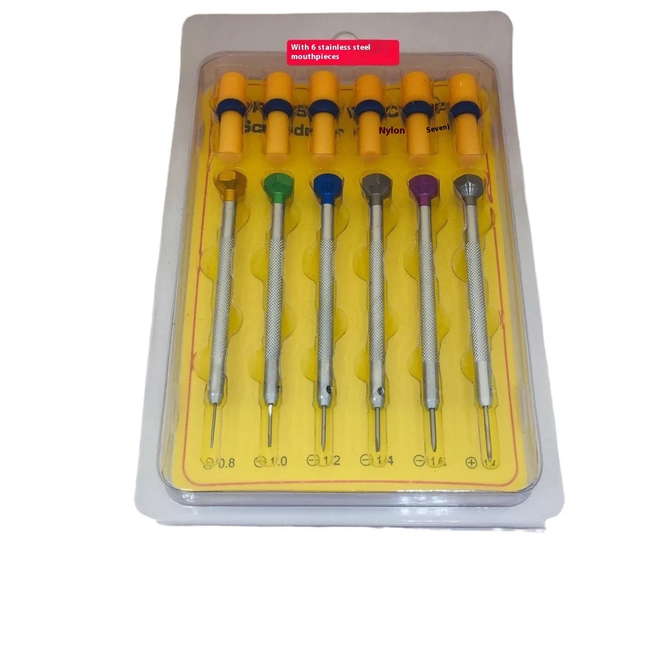 Six colour-coded aluminium handle screwdrivers for watch repair with spring steel cutter heads