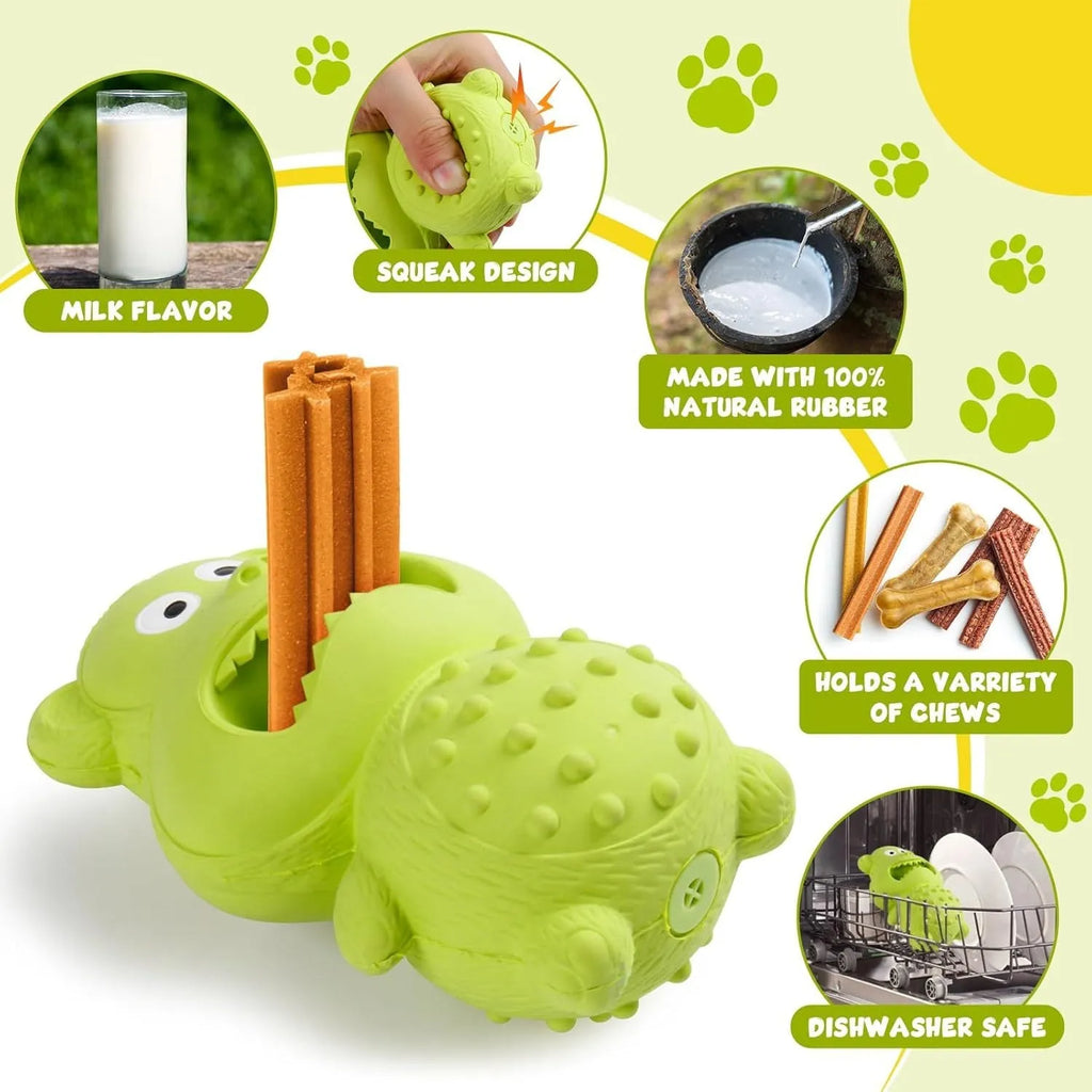 Green and yellow natural rubber dog toy for aggressive chewers with squeaker and treat hole.