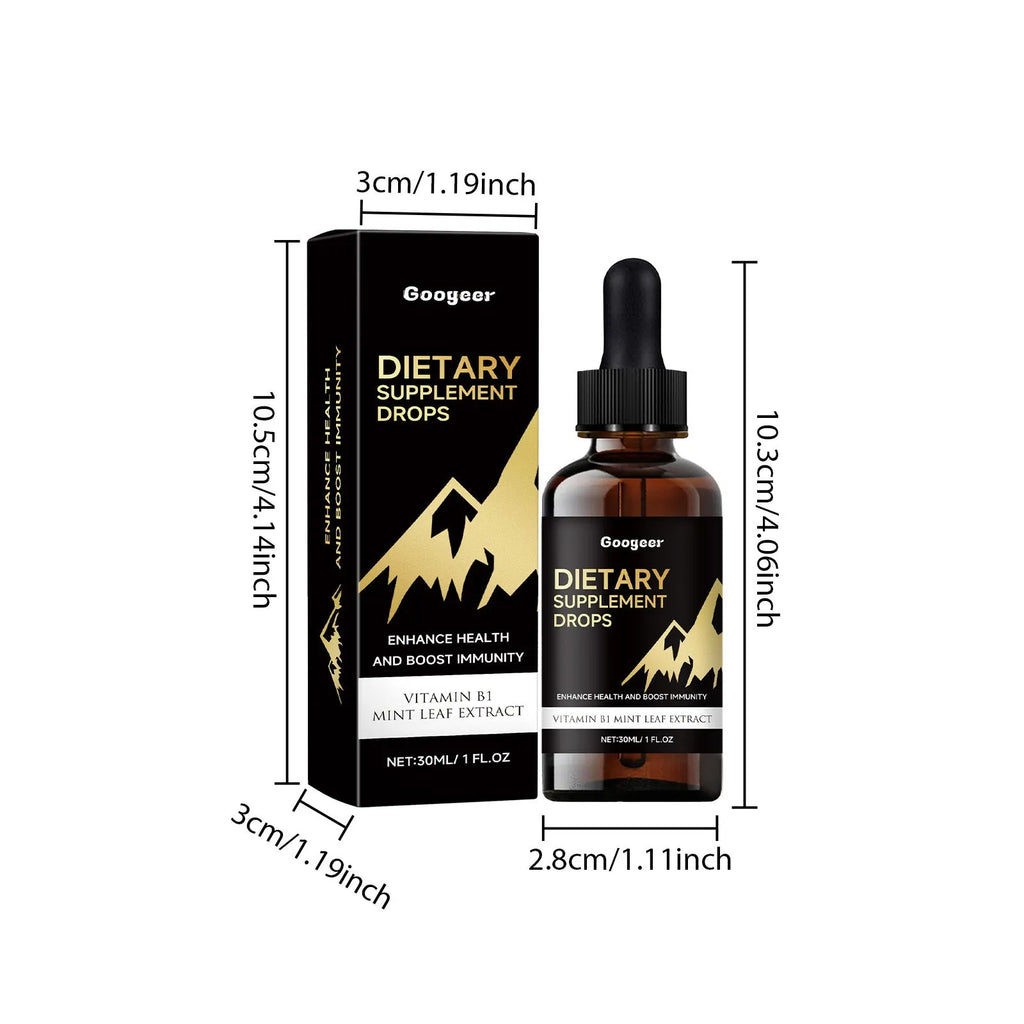 Bottle of clear liquid dietary supplement drops with a black dropper lid for precise dosing.