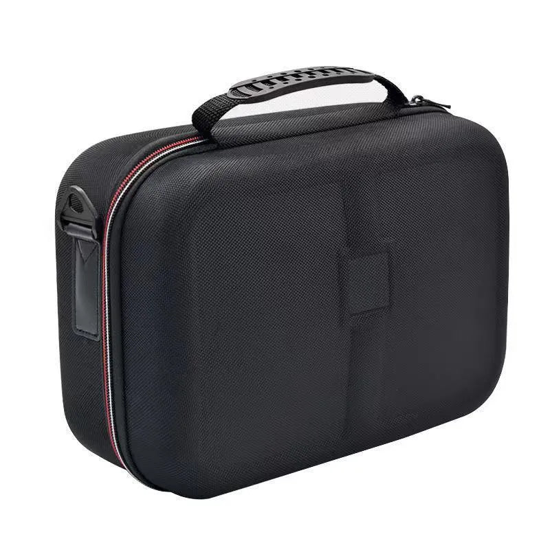 Black EVA game console accessory storage bag with offset printed design, shown with controllers inside.