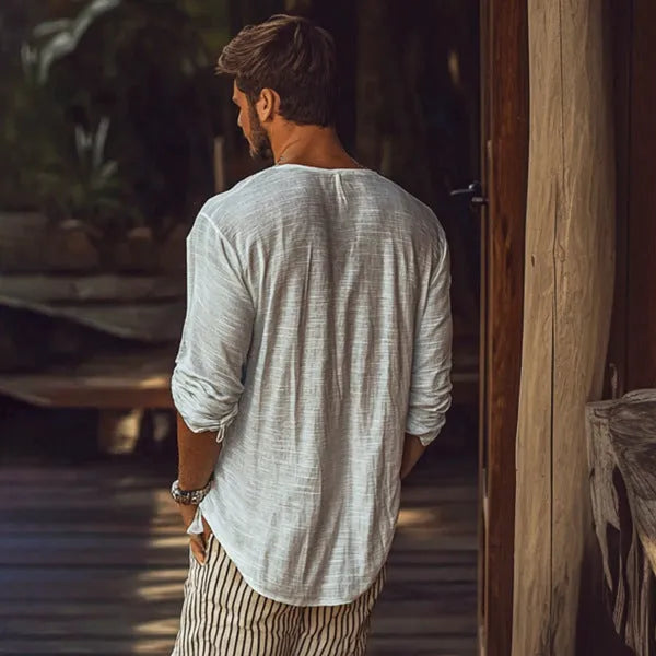 Men's beige slim fit V-neck long sleeve t-shirt laid flat