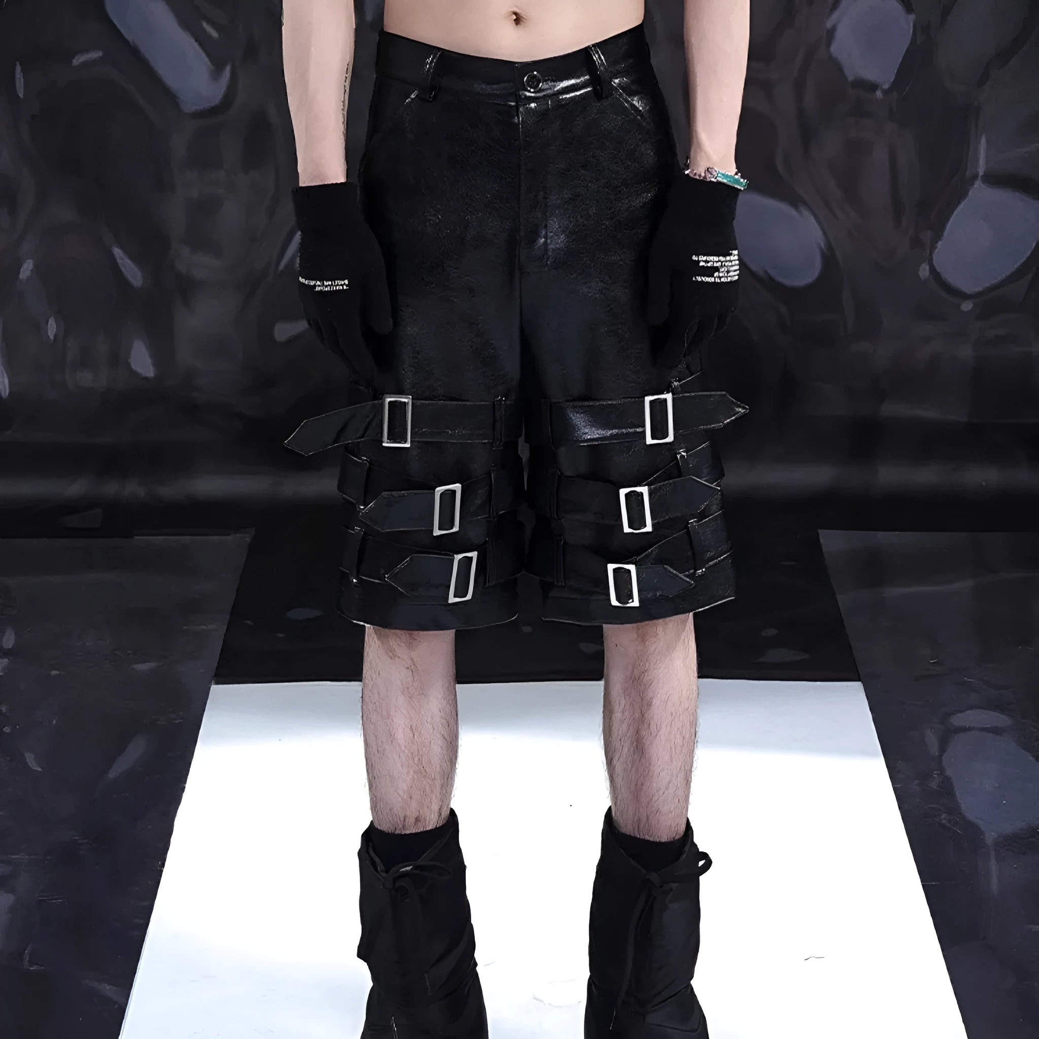 Black men's PU leather casual cropped pants with stretch spandex material showing medium-low waist design