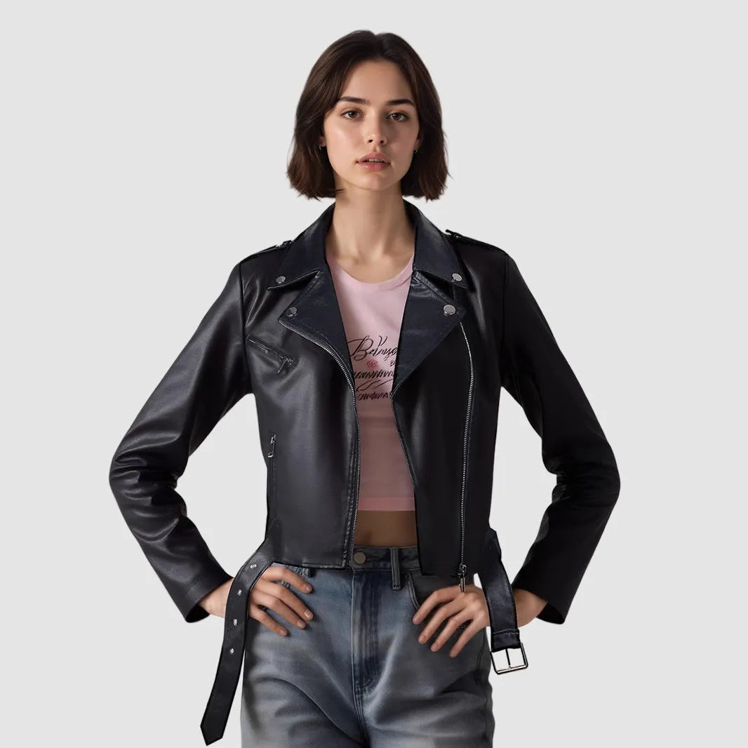 Women's red PU leather motorcycle jacket with a short lapel collar and an adjustable waist belt.