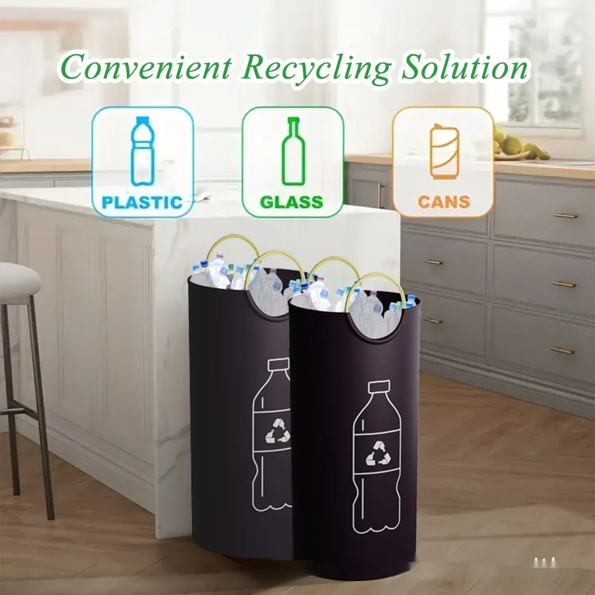 Round plastic portable waste bin measuring 38cm wide by 72cm tall, shown with a liner bag.