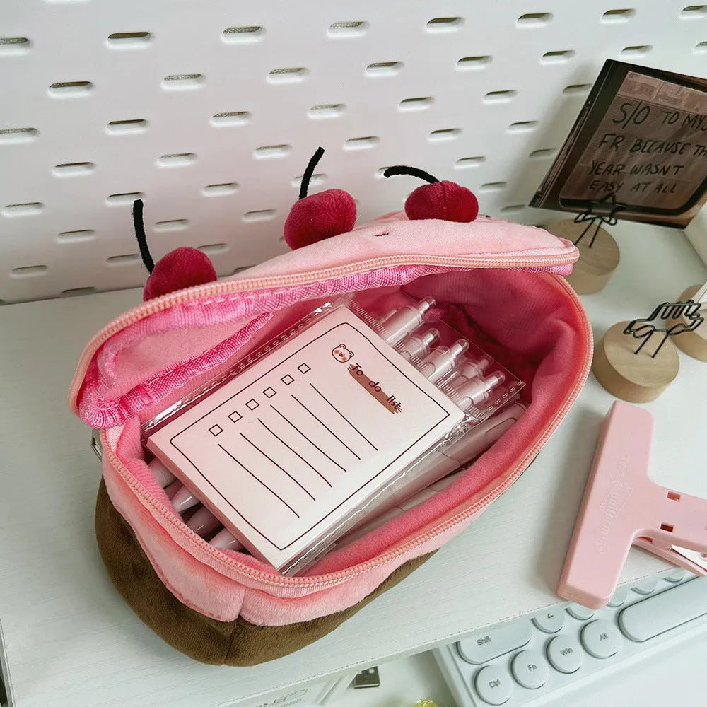 Cherry Cake coloured velvet plush pencil bag with Korean style design