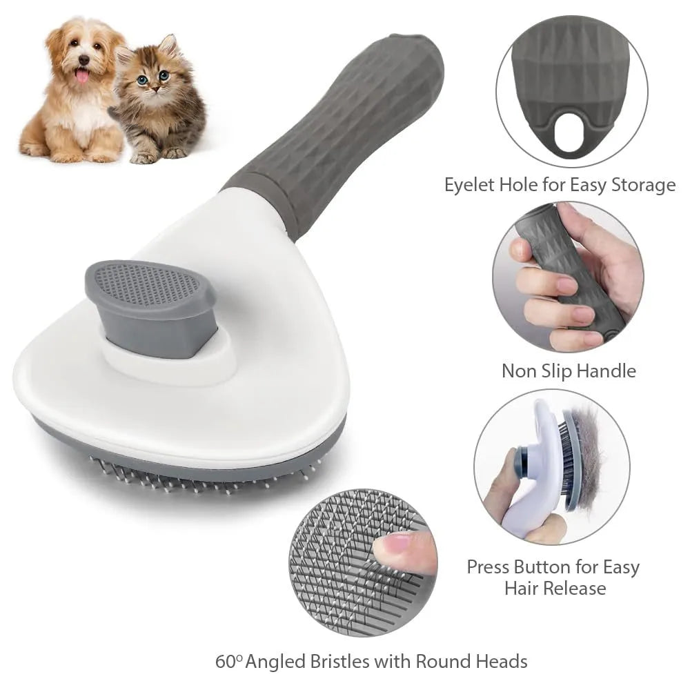 Blue cat grooming brush with release button and fine wire bristles for removing loose pet hair