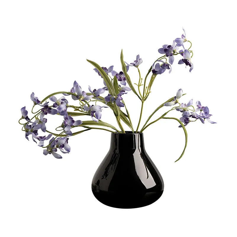 Ceramic round belly French high sense decorative vase in black or white with coloured glaze finish and floral ornaments