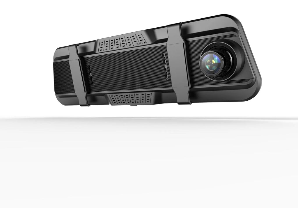 Black dual-lens car dash cam with a large touchscreen mounted on a rearview mirror