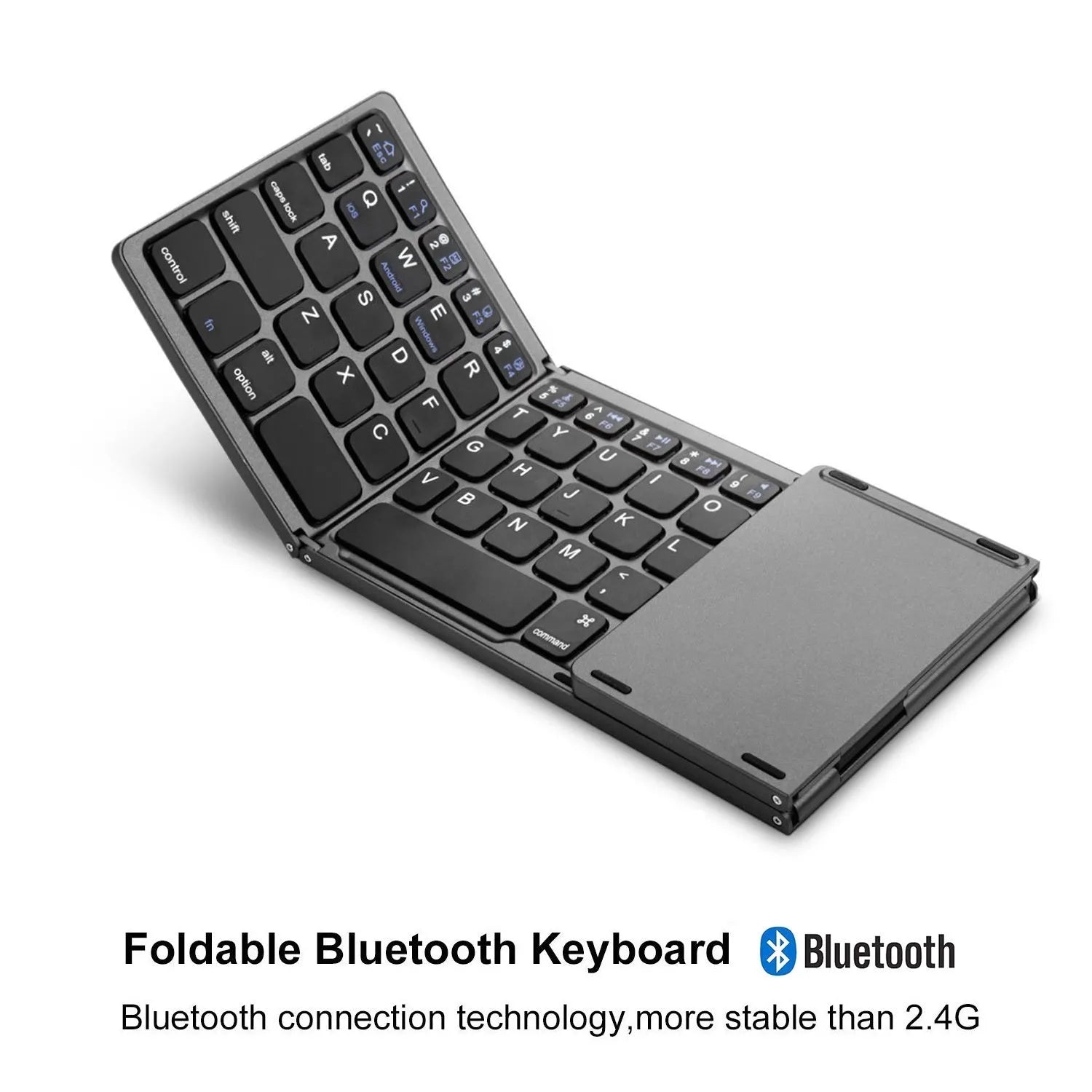 A closed black mini tri-fold Bluetooth keyboard showing its compact, slim 0.8cm profile.