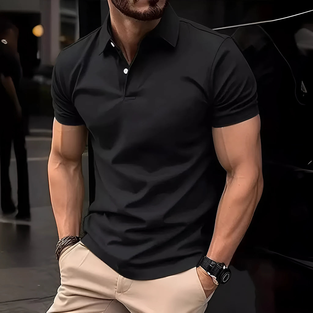 Men's slim fit short sleeve button-up shirt in cotton polyester blend, multiple solid colour options displayed
