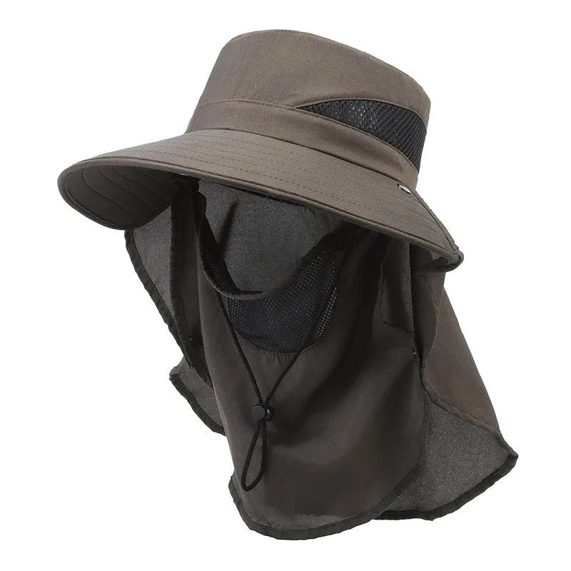 Men's big brim adjustable fisherman sun hat in polyester fabric on a neutral background