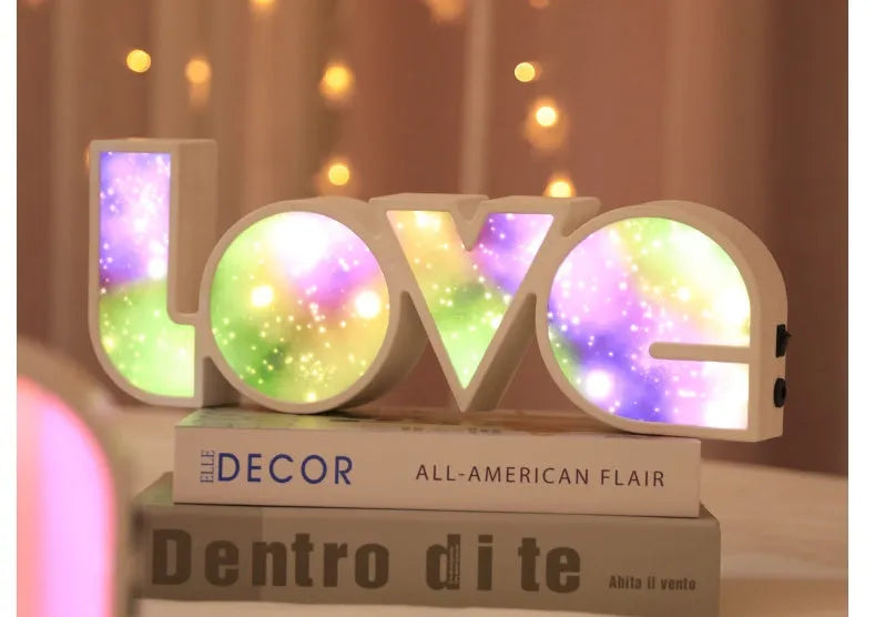 LED decorative light with rainbow lampshade displaying LOVE lettering for Valentine's Day decoration