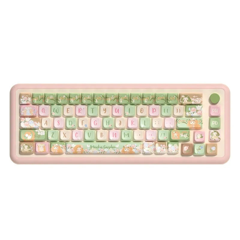 Summer Garden design dye-sublimation printed keycap set for mechanical keyboards, shown in 138-key and 158-key options.