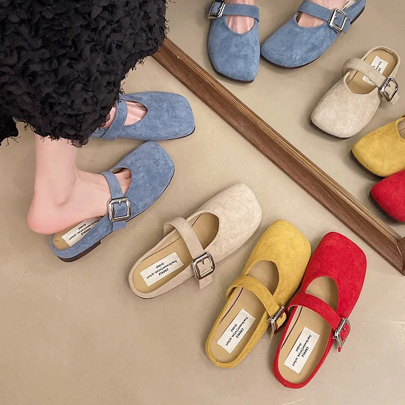 Women's flat closed toe half slippers in yellow, blue, apricot and red colours with square head design