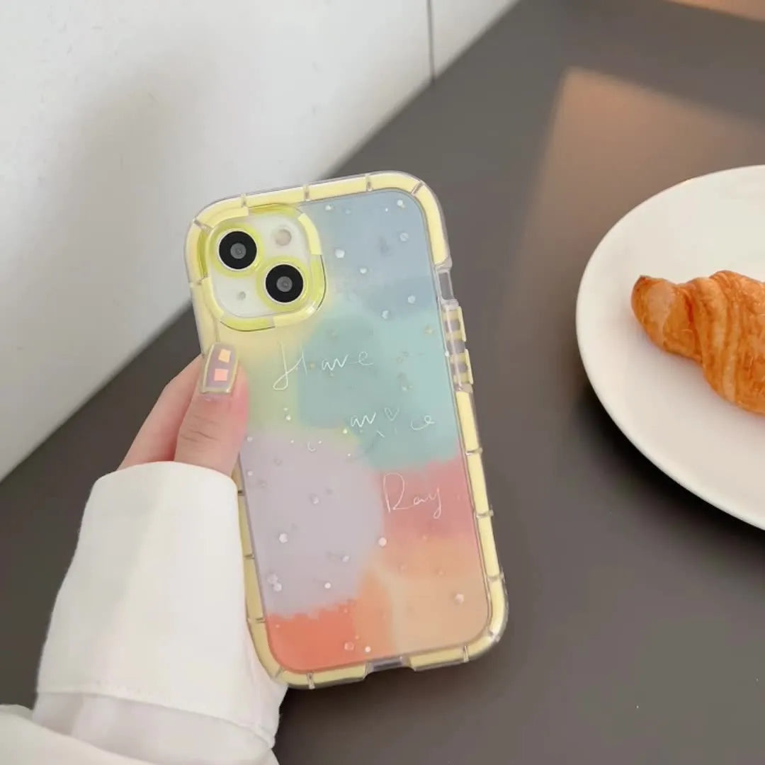 Minimalist contrast colour silicone iPhone case with yellow edge trim shown on iPhone