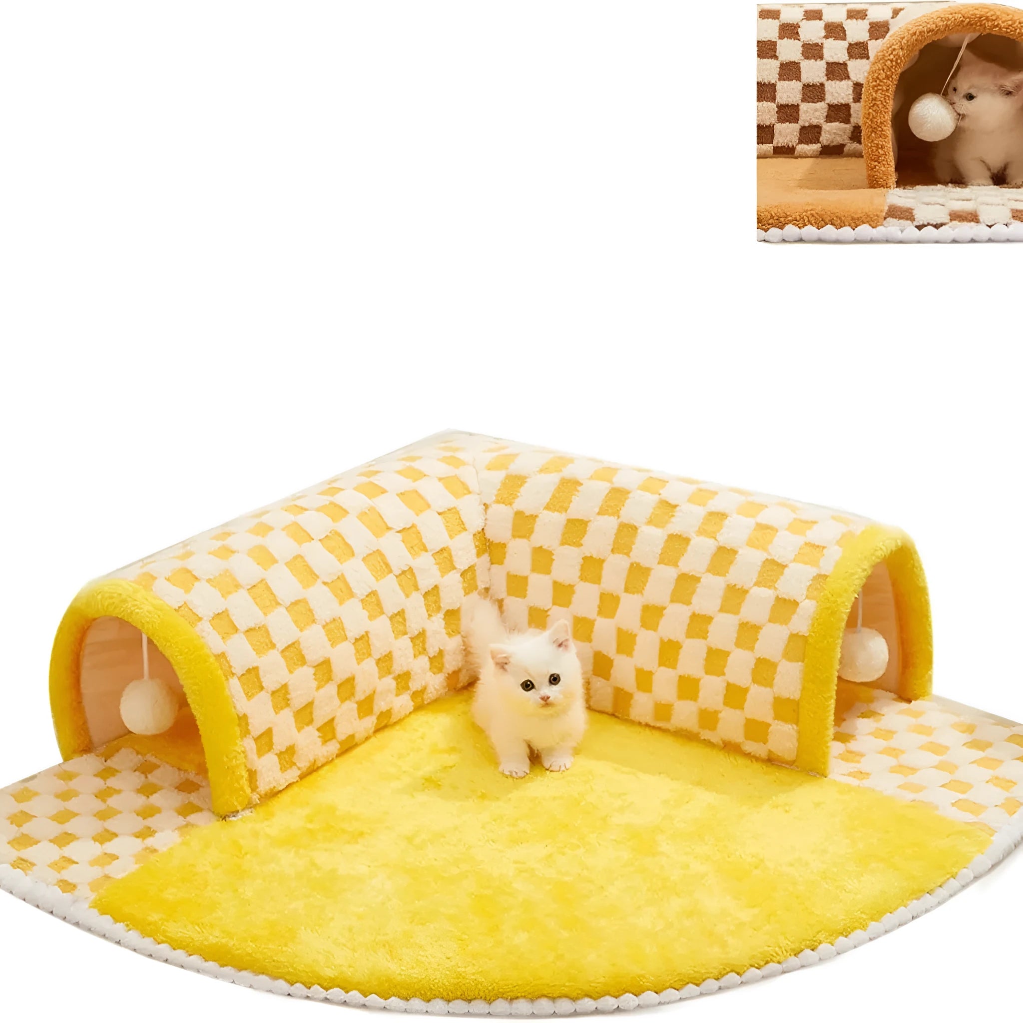 Plush plaid cat tunnel bed with central sleeping mat and non-slip bottom for indoor cats