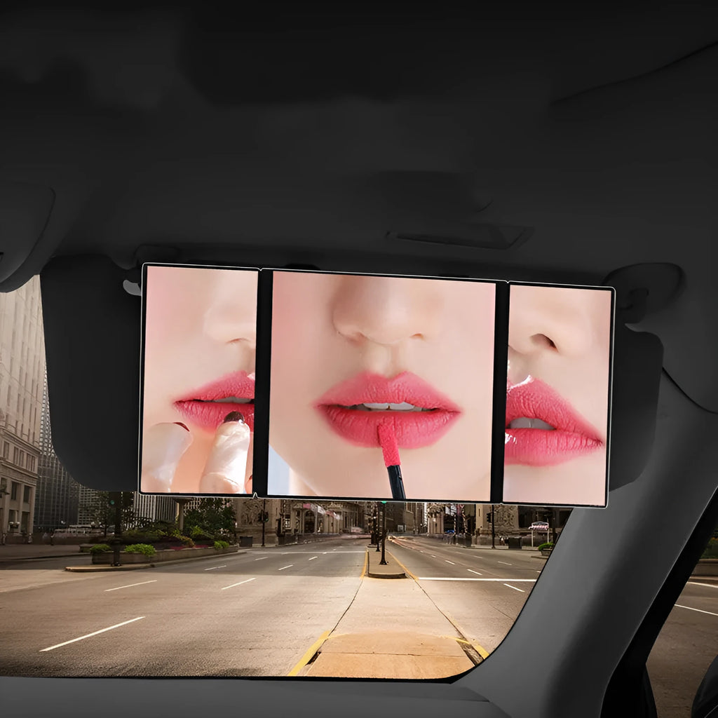 Silver car folding makeup mirror shown both closed and open positions