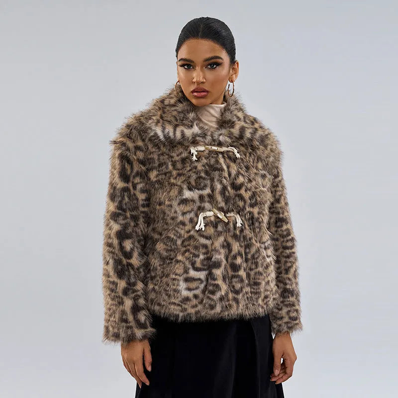 Women's leopard print coat with a buckle lapel and regular sleeves.